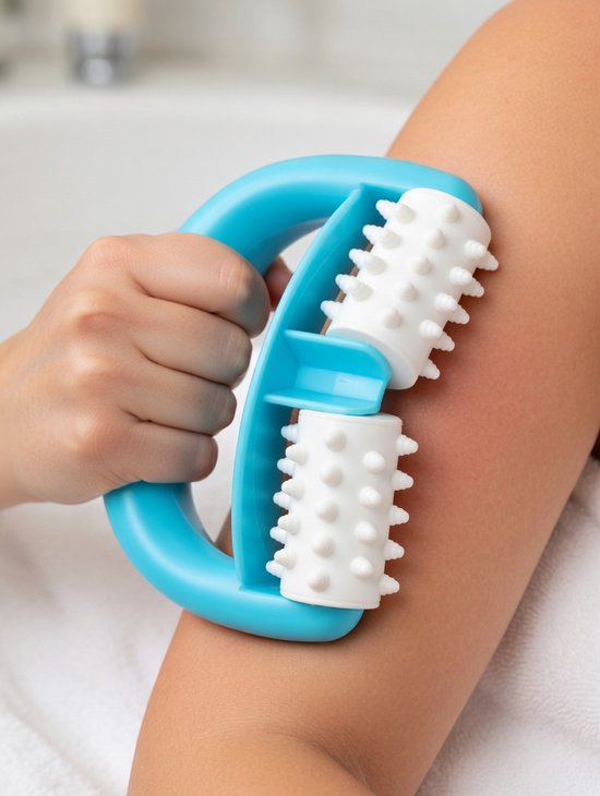 Blauwe handroller met witte massagerollers met nopjes, gebruikt op een arm.