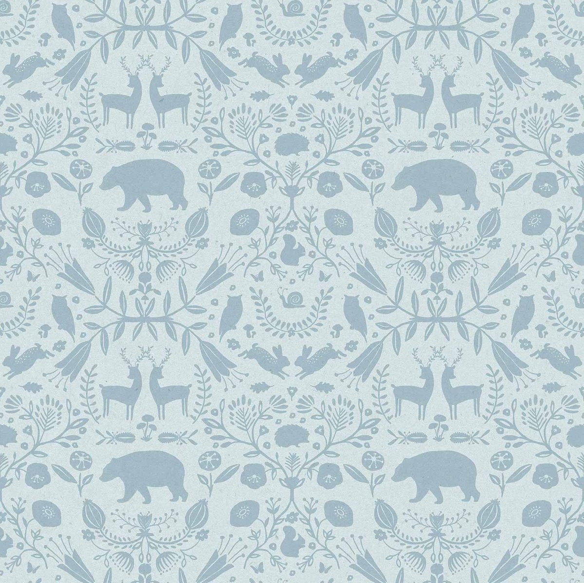 Behang - Kinderkamer – Bosdieren – Blauw - Lichtblauw - Babykamer - Kinderbehang – Dieren Silhouetten - 0,53 x 10,05 M