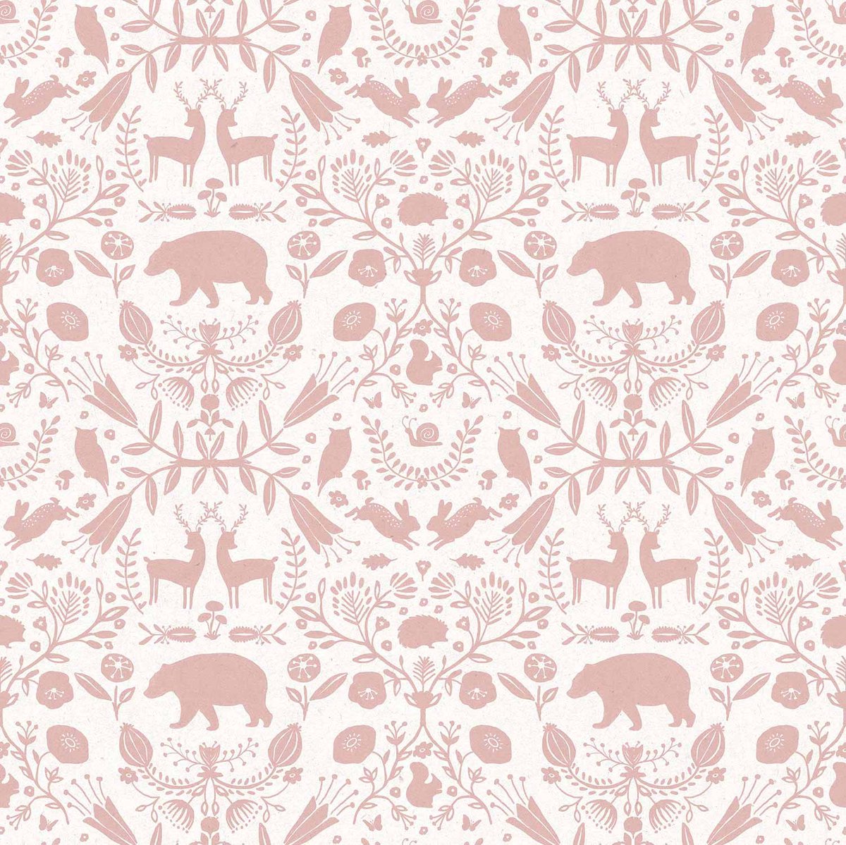 Behang - Kinderkamer – Bosdieren – Roze - Wit - Babykamer - Kinderbehang – Dieren Silhouetten - 0,53 x 10,05 M
