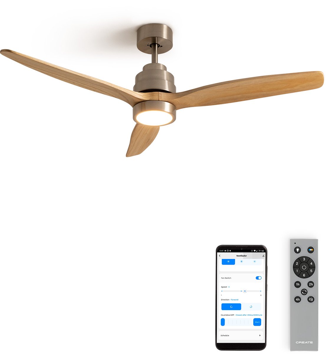 CREATE - Stille plafondventilator van 40 W met technische ABS-bladen, verkrijgbaar in verschillende maten - M - Met licht - WIFI - WIND STYLANCE