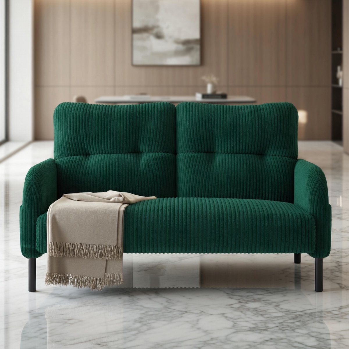 Corduroy 2-Zitsbank met Hoge Rugleuning – Moderne Compacte Sofa met Opbergvakken – Ribfluwelen Bank voor Woonkamer, Slaapkamer of Kantoor – Groen House&Garden