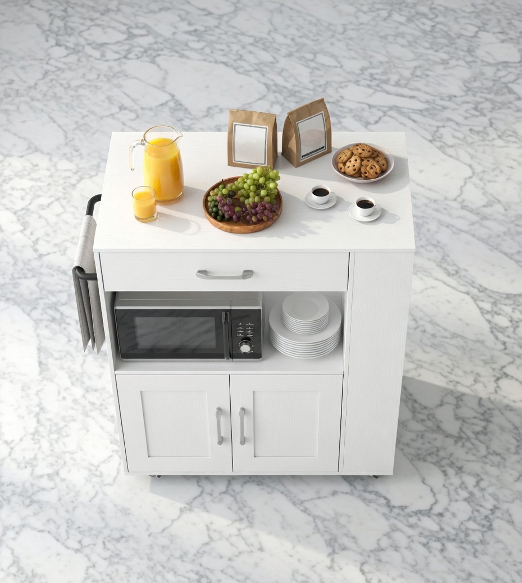 Milano Move Pro Keukentrolley met Werkblad, Lade en Kruidenrekken 75x46x90,5 cm – Verrijdbaar Keukeneiland met Wielen en Handdoekhouder – Zuiver Wit | Casa Serena – Casa Dorada