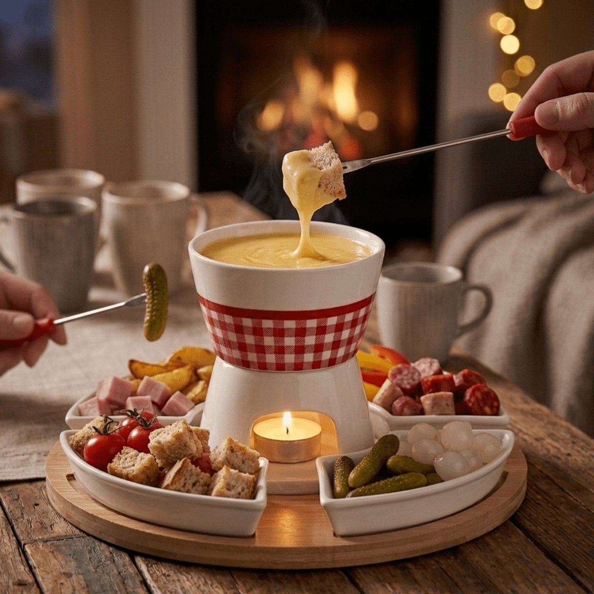 Fondue Set voor 4 Personen – Bamboe en Porselein – Inclusief Schalen en Vorkjes -26,5 x 26,5 x 19 cm