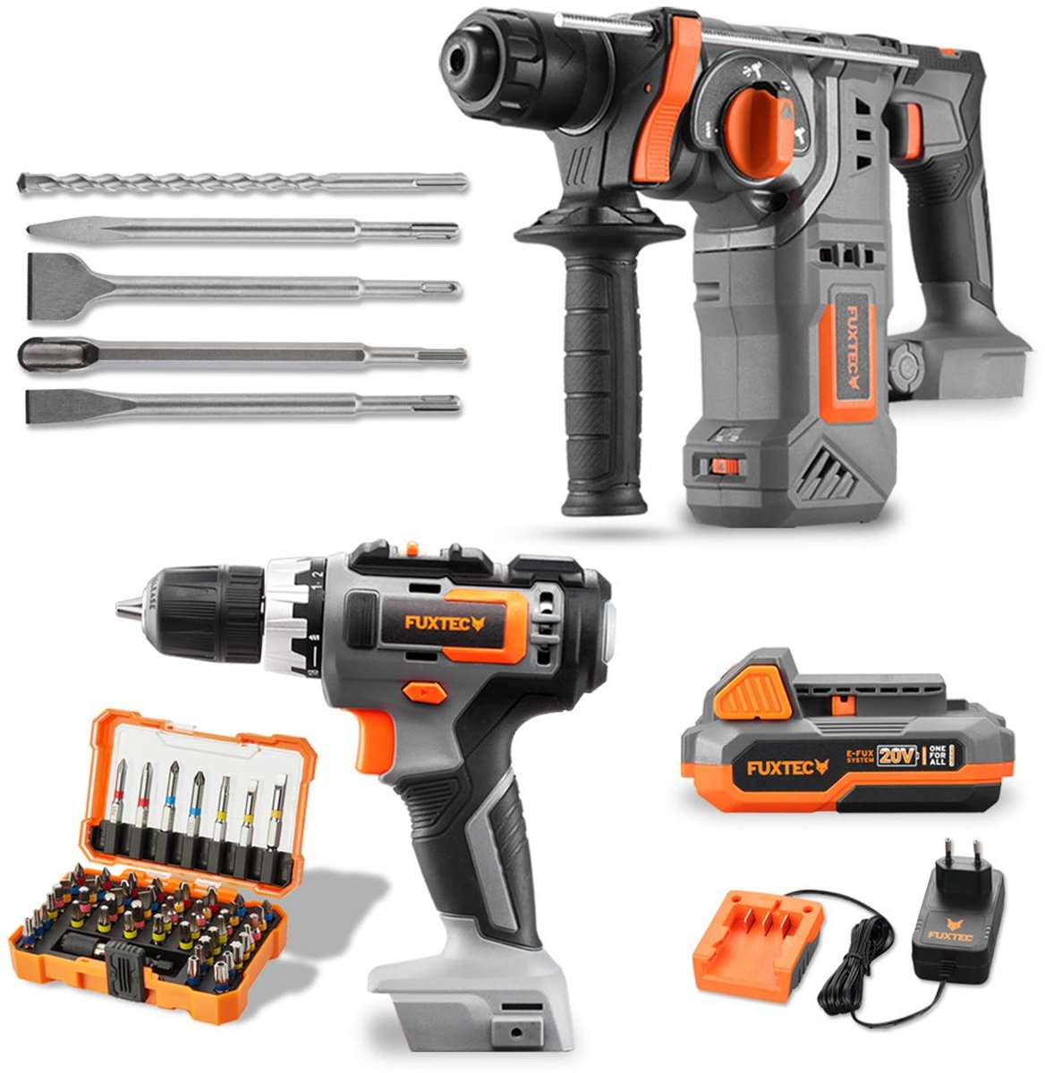 20V accugereedschapspakket - FUXTEC - accuschroevendraaier en boorhamer, met batterijen en accessoires