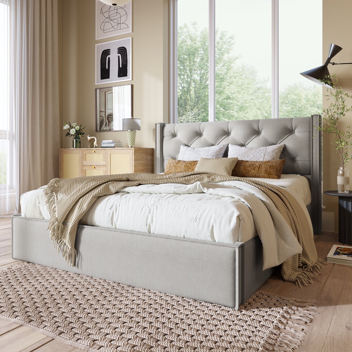 REDOM Gestoffeerd Tweepersoonsbed - Opklapbare Lattenbodem - Opbergruimte - Katoen - Lichtgrijs - 140 X 200 Cm