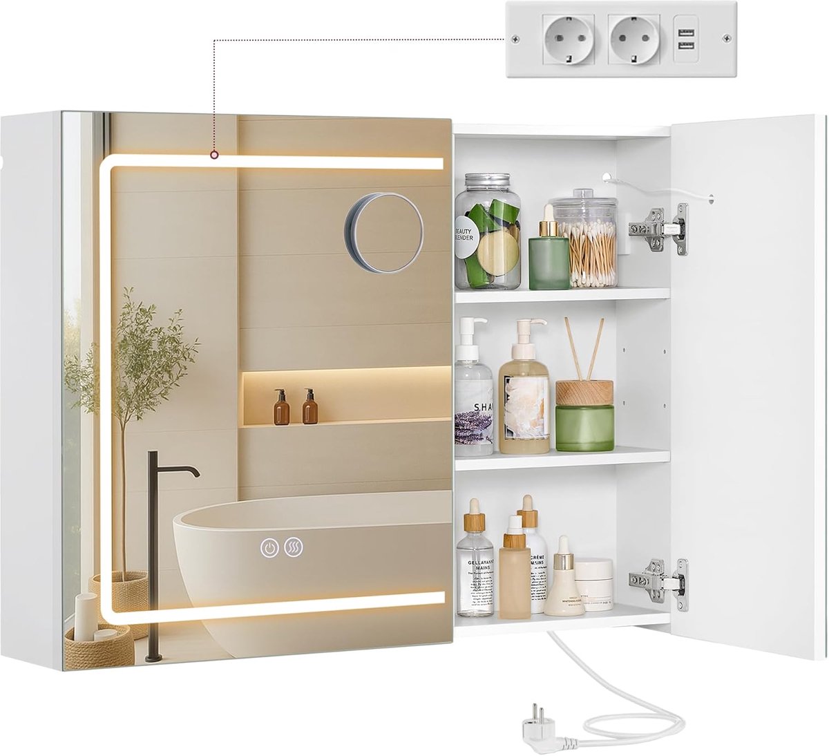 VASAGLE Kailyn Collectie - Badkamer Wandkast met Spiegel, met LED, Multi Plug, Anti-bevas Functie, 10x Vergroting Spiegel, Moderne Stijl, 16,5 x 80 x 60 cm, Wit BBK134W01