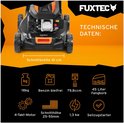 Technische specificaties van de FUXTEC grasmaaier met oranje en zwarte details. Maaibreedte 41cm.
