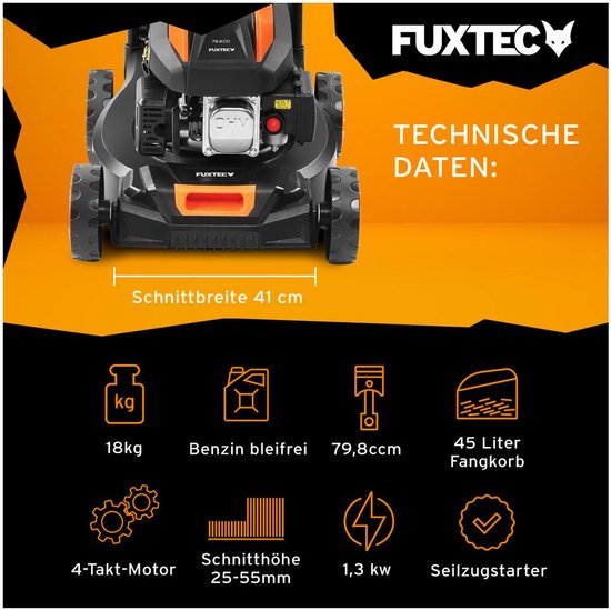 Technische specificaties van de FUXTEC grasmaaier met oranje en zwarte details. Maaibreedte 41cm.