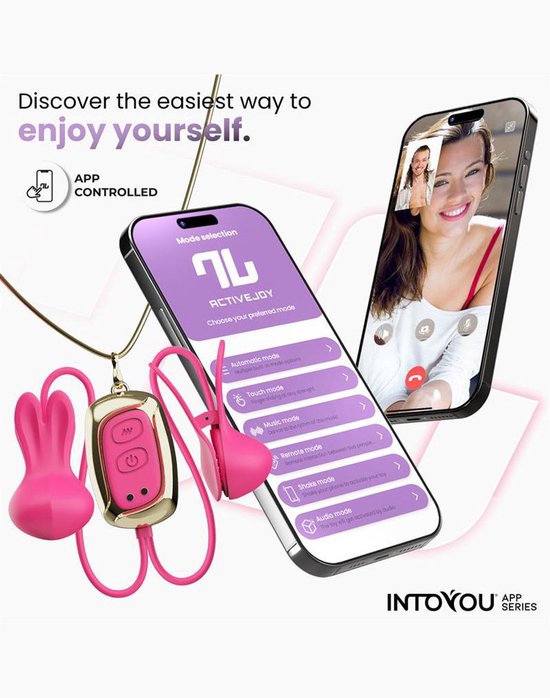 Roze ACTIVEJOY tepelklemmen met konijnenoren, ketting en smartphone die app-menu toont