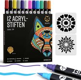 NAPI 12 Acrylstiften Dual Tip - Twinmarkers - Verfstiften Happy Stones - Stenen Schilderen met Acryl Verf Marker Stiften - Volwassenen en Kinderen - Incl. 2 Mandala Sjablonen