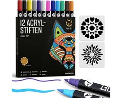 NAPI 12 Acrylstiften Dual Tip - Twinmarkers - Verfstiften Happy Stones - Stenen Schilderen met Acryl Verf Marker Stiften - Volwassenen en Kinderen -…