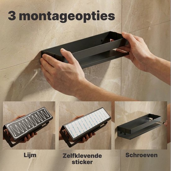 Collage toont 3 montageopties voor het doucherekje: lijm, zelfklevende sticker en schroeven.