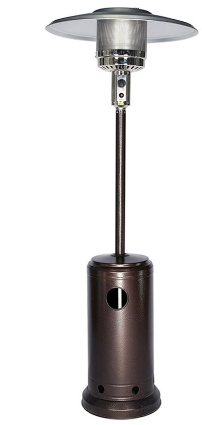 Donkerbruine staande terrasverwarmer met zilverkleurige kap, geïsoleerd op witte achtergrond.