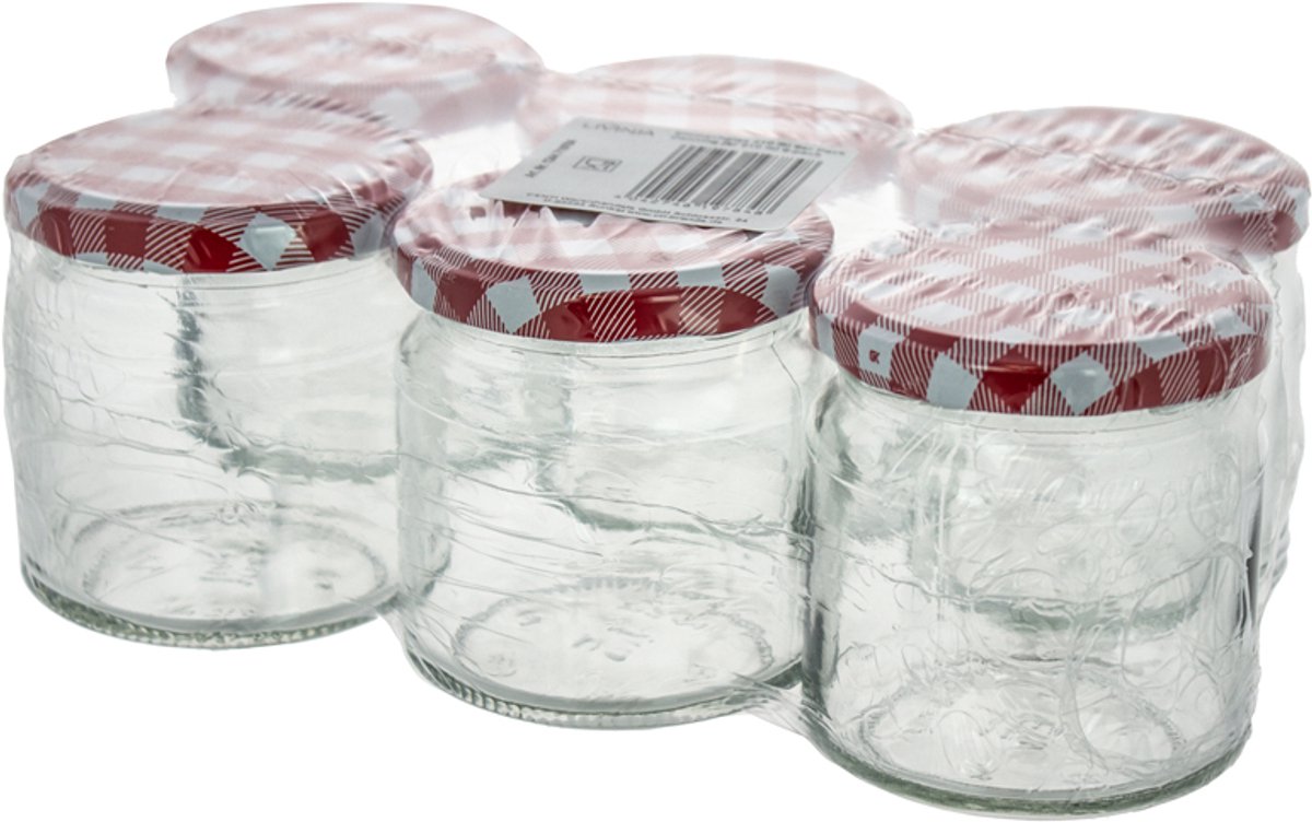 Weckpot 210 ml, diameter 66 mm, schroefdeksel rood-wit geblokt, metaal - Set van 6 stuks