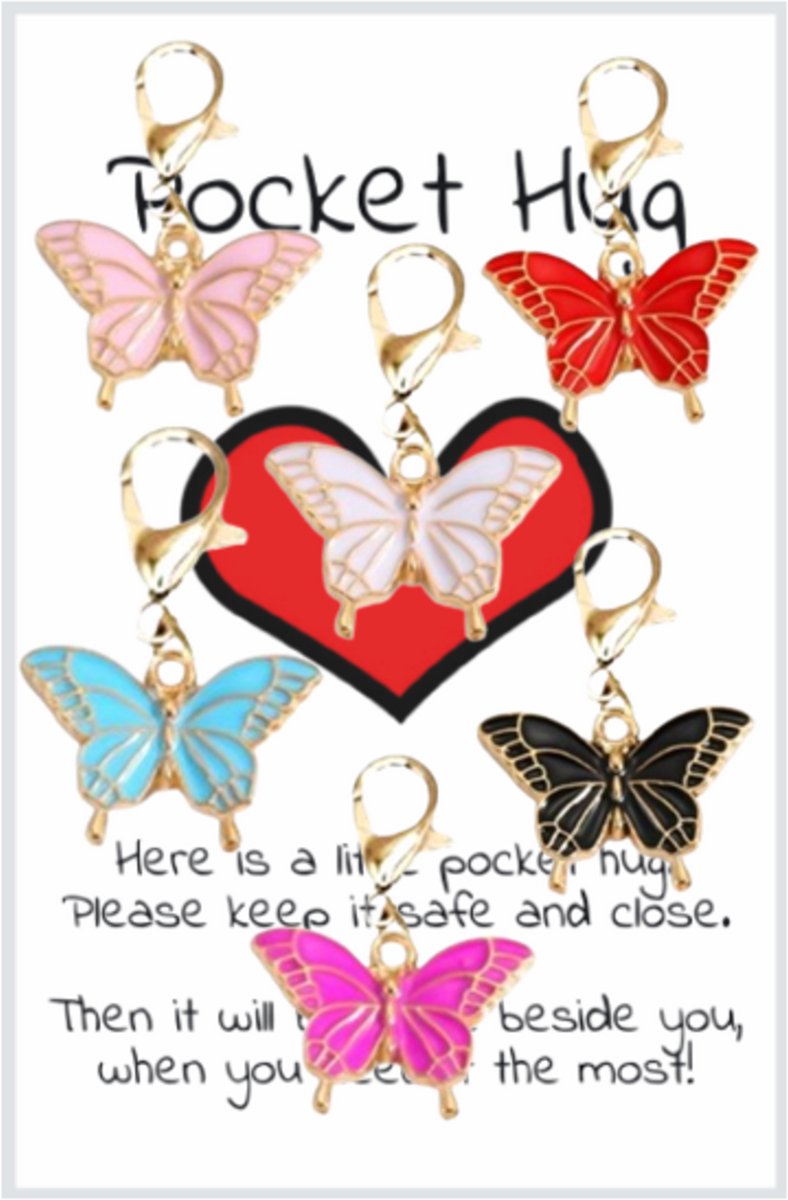 Pradeo - Vlinder Sleutelhanger - Gelukshanger - Hangertje - Vlindertje - Butterfly - Key Chain - Pocket Hug - Klein Cadeau / Geschenk - Met Kaartje Met Tekst - 6 Kleuren