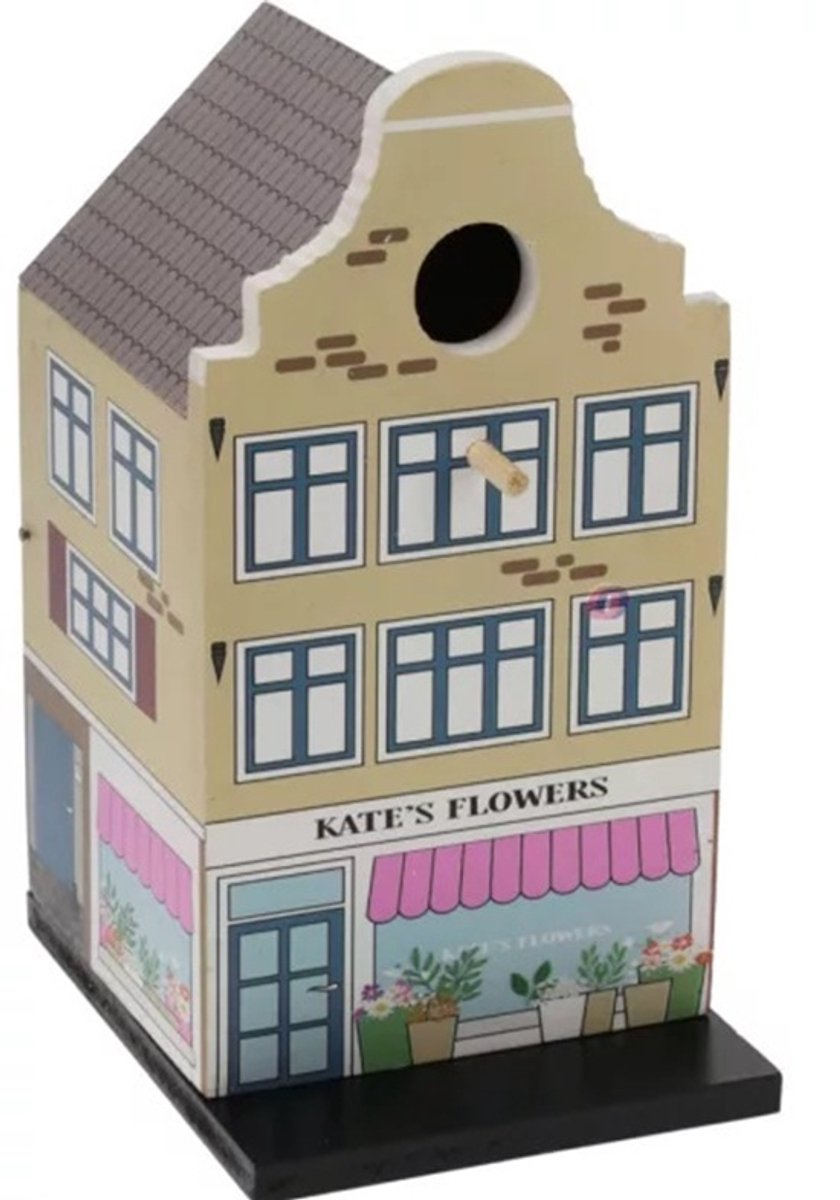 Vogelhuisje-grachtenpandje-hout-geel-Animalking-15cmx12cmx23cm