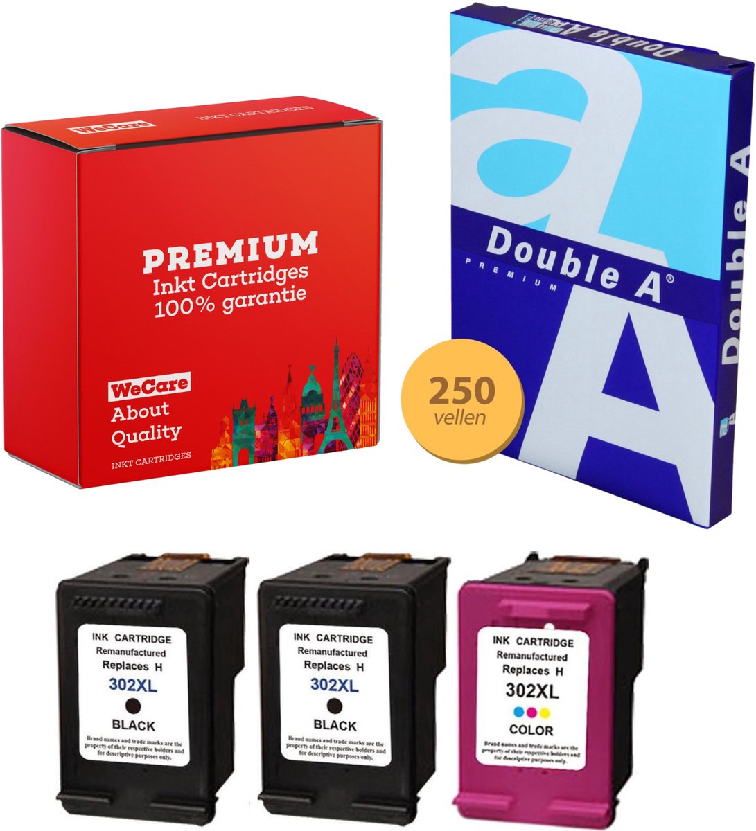 3-pack Geschikt voor HP 302XL Inktcartridges + pak DoubleA papier - Geschikt voor HP Deskjet 1110 - 3630 - HP Envy 4520 - 4524 - Officejet 3830 - 4650 - 5220