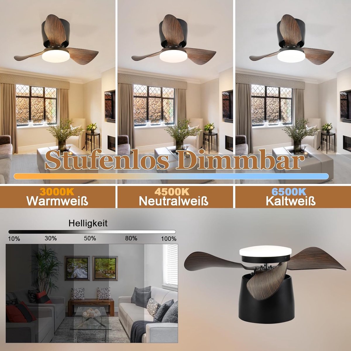 Glitzerlife -Plafond ventilator met verlichting - Moderne LED plafondlamp met ventilator - Stille plafondventilator - Afstandsbediening - Dimbaar - 3 kleurtemperaturen - 6 windsnelheden - Timer & nachtmodus - Vintage Zwart - Plafondlampen slaapkamer thumbnail 5
