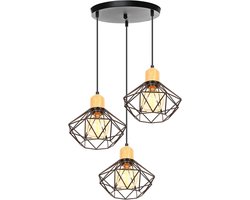 Zwarte Industriële Hanglamp met 3 Lichtpunten Metaal en Hout
