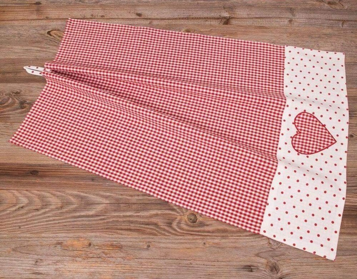 Geruite Theedoek Keukentextiel met Hart Applicatie 50x70 cm Rood