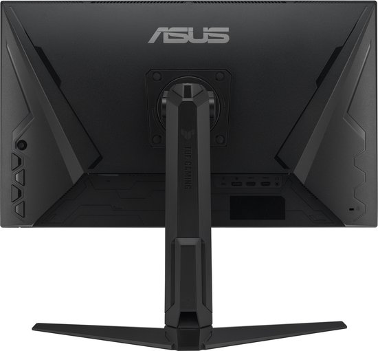 Achterkant van een zwarte ASUS TUF Gaming monitor, met de ASUS logo en de TUF Gaming branding.