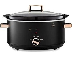 Aura® Slowcooker met Timer - Crockpot - Snelkookpan - Inclusief Warmhoudfunctie - 6 Liter - Zwart/Roségoud - 30cm x 42cm x 26cm
