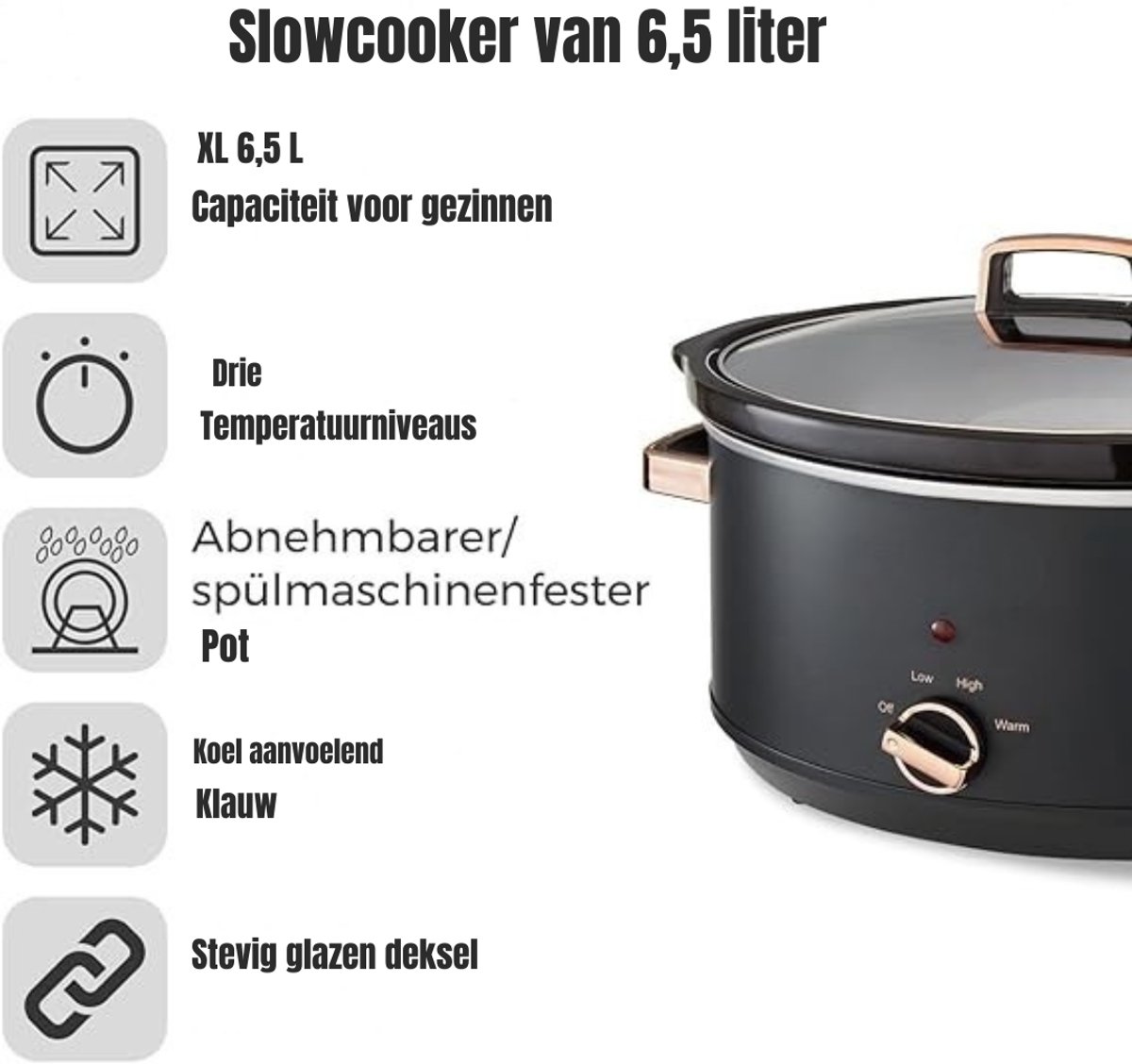 Aura® Slowcooker met Timer - Crockpot - Snelkookpan - Inclusief Warmhoudfunctie - 6 Liter - Zwart/Roségoud - 30cm x 42cm x 26cm – foto 2