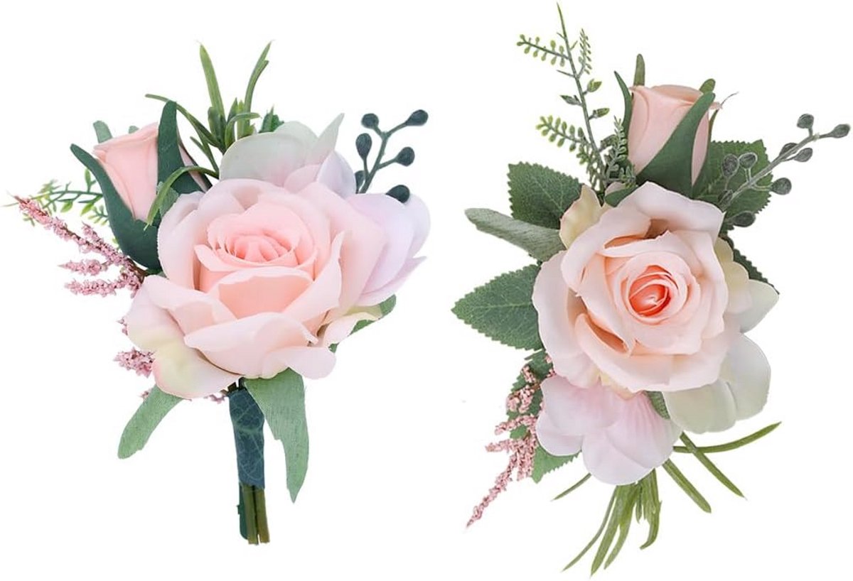 Pols Corsage en Boutonniere Set Roze Kunstbloemen voor Bruiloft en Prom - 2 Stuks