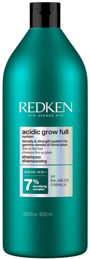 Shampoing Redken Acidic Grow Full avec complexe d'acide azélaïque à 7%. Bouteille bleu sarcelle, 1000 ml.