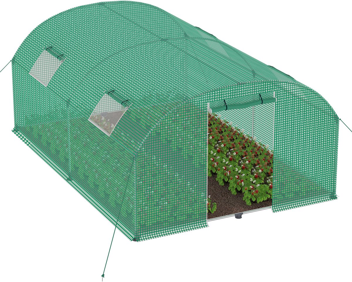 Aufun Foliekas 3x4x2m Verzinkt Staal – Met Vensters met Muggengaas en Deur – Stabiele Gartentunnel voor Tomaten en Planten – Groen