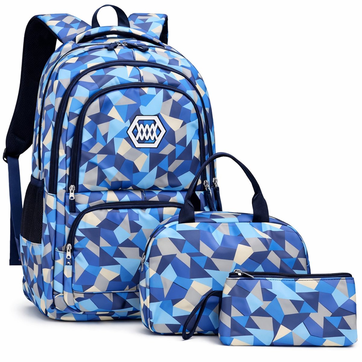 Ultiluxe® Rugzak set - 3 stuks - Blauw/grijs - 48 x 33 x 24 - Rugtas, lunchtas, etui - 15.6 inch laptoptas - Schoolrugzak voor kinderen - School tassen set - 35 L - Schooltas voor jongens en meiden - Schoolrugtas met print - Tas met laptop vak