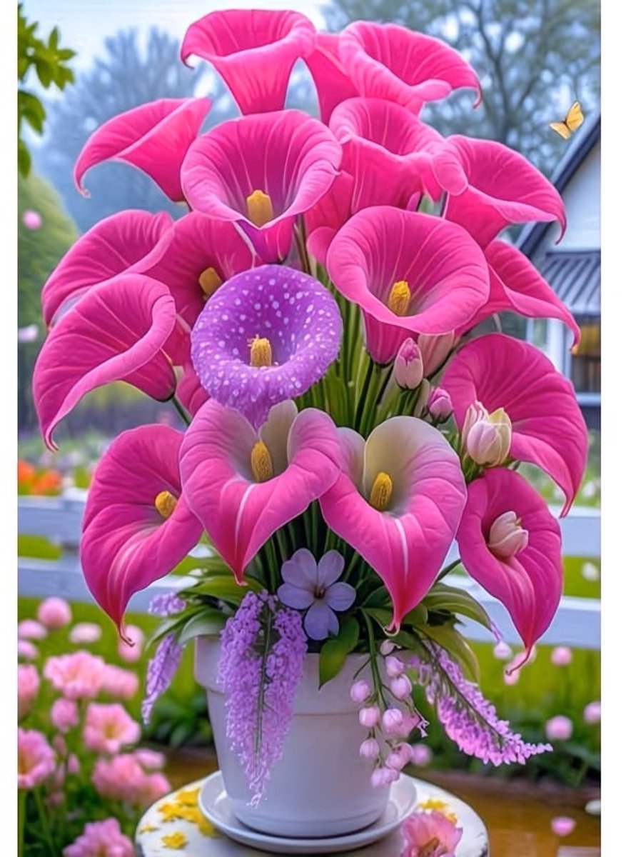 nr 439 Diamond Painting vaas met bloemen fuchsia 25x20cm (rond)