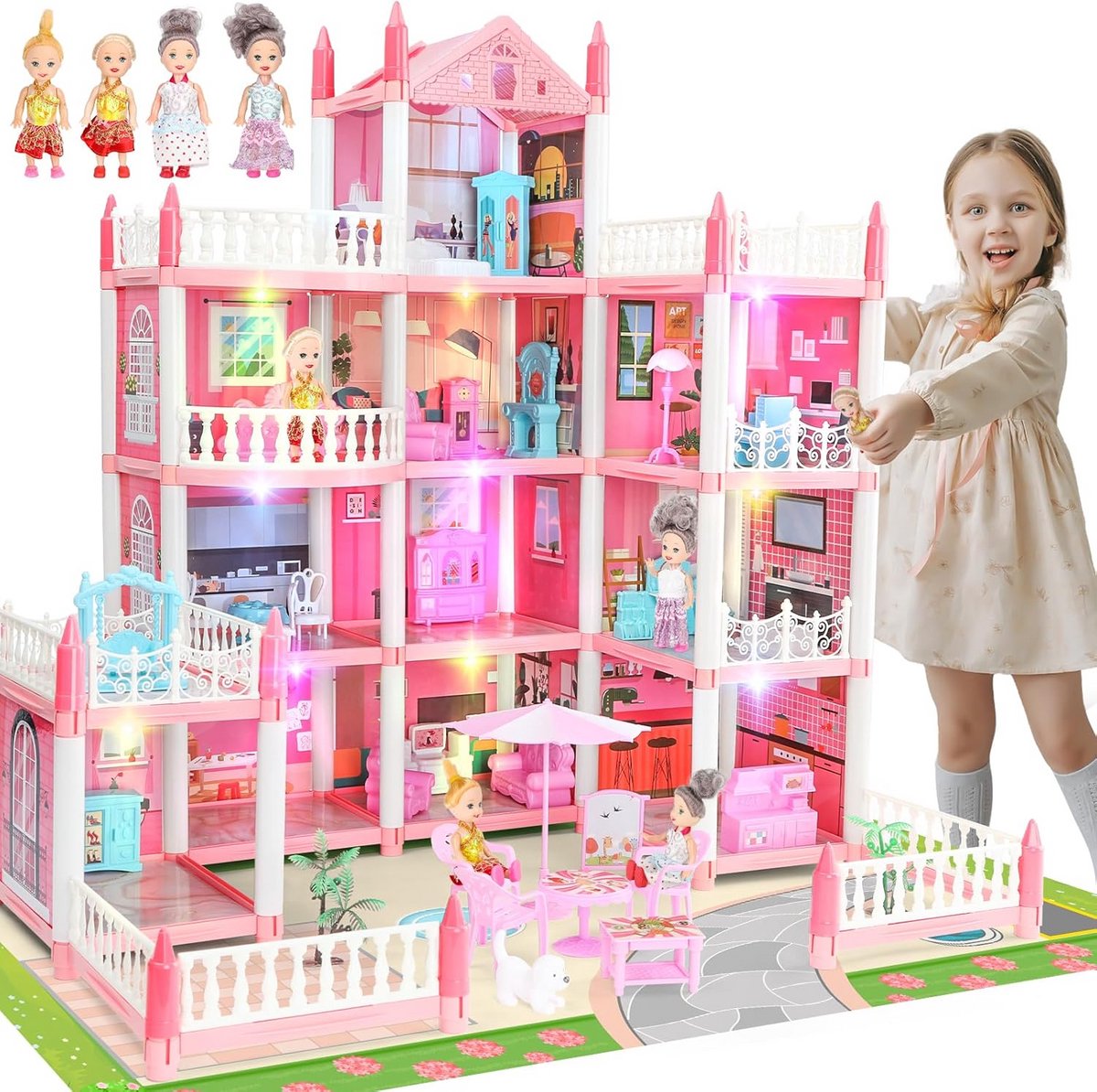 Houten Poppenhuis met Meubels en Accessoires - Groot Speelgoedhuis voor Kinderen