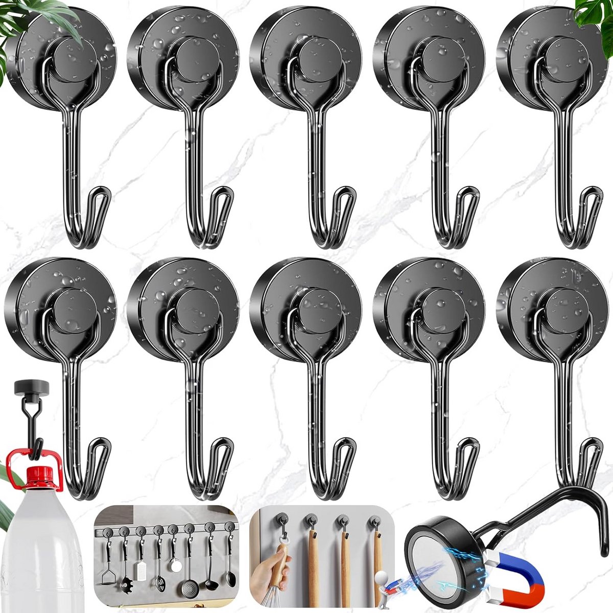 Set van 10 Zwarte Magnetische Haken - Krachtige Magneet Haken met Draaibare Haak - Max. 7kg Belasting - Ideaal voor Keuken, Koelkast en Garage