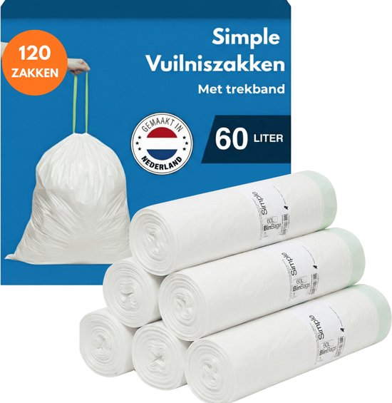 120 sacs poubelles blancs Simple de 60 litres, avec cordon de serrage, fabriqués aux Pays-Bas.