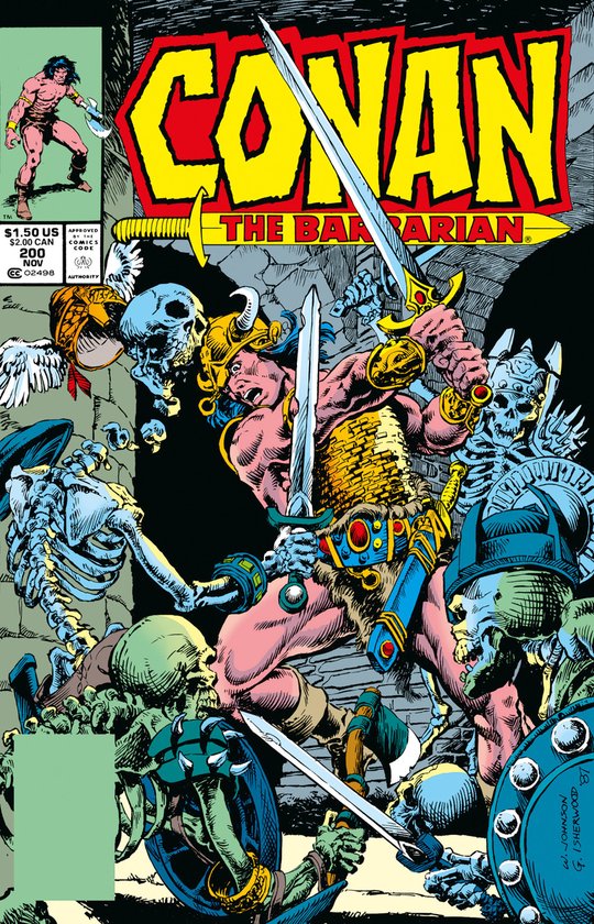 Conan le Barbare, casqué et cuirassé, combattant avec une épée contre des squelettes dans une grotte. Titre : CONAN THE BARBARIAN.