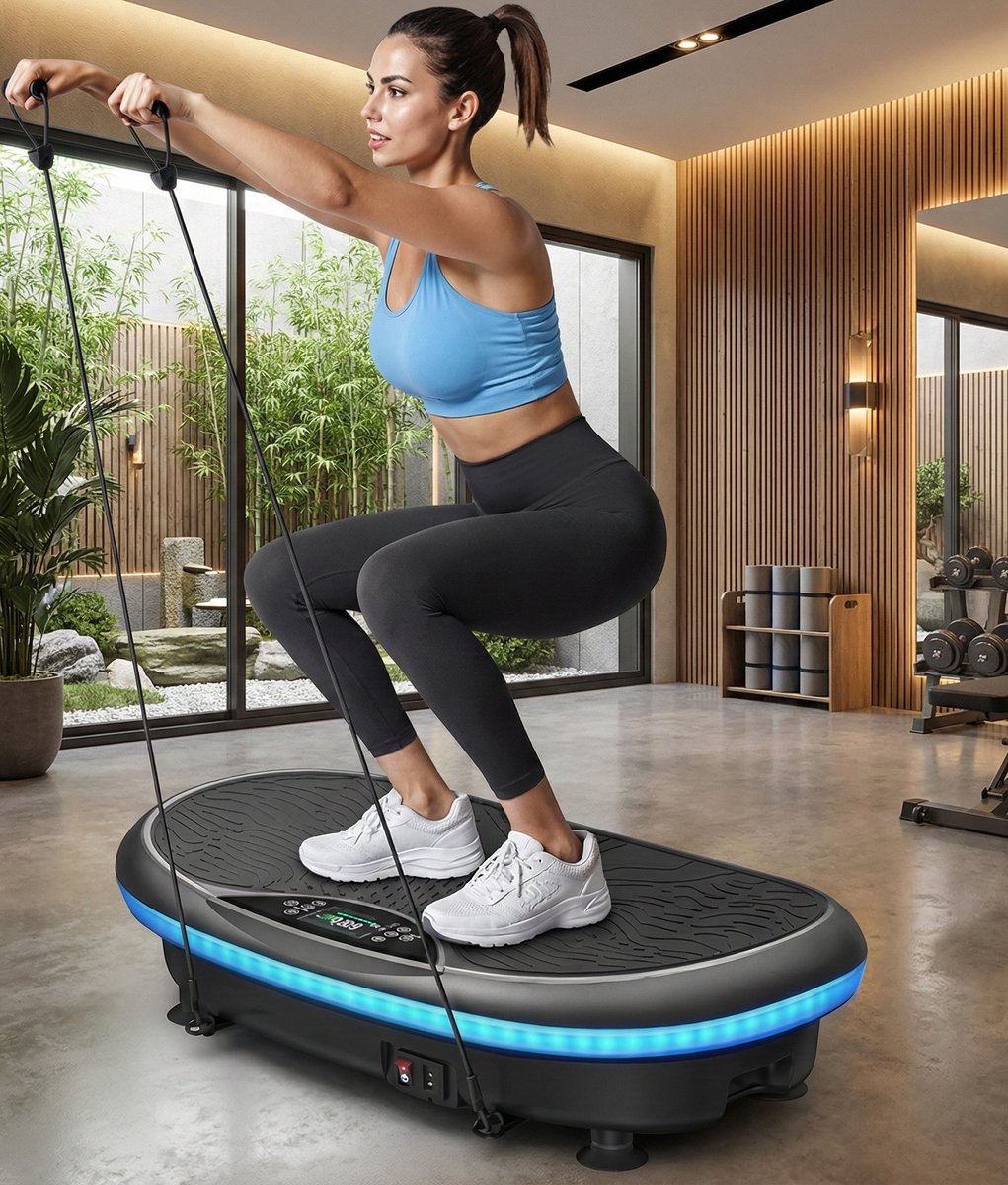 Trilplaat Vibratieplaat 4D – Compacte Full-Body Fitness voor Thuis met 7 Vibratiemodi, 120 Snelheden, 5 Intelligente Programma's, LED Display, Bluetooth Luidspreker & Elastische Weerstandsbanden – Designbest