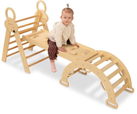 FINOOS Opvouwbare Driehoek + Klimboog + Helling met Klimrek/Glijbaan - Pikler - Montessori Meubels Houten Speelgym (Naturel) van FINOOS — afbeelding 4