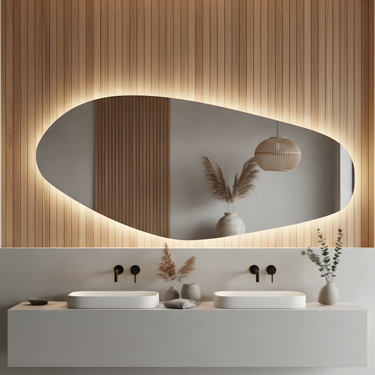 Lumoire® Spiegel Met Verlichting - 140 CM Organisch - Badkamerspiegel - Asymmetrisch - Sensorbediening