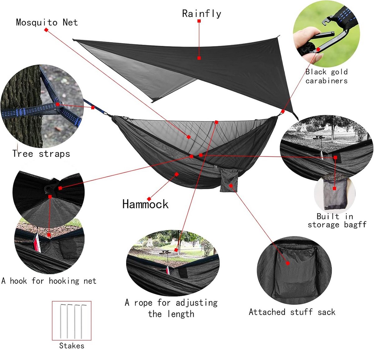 Camping Hangmat Set met Muggennet en Regenscherm - Draagbaar voor Buiten, Wandelen, Reizen