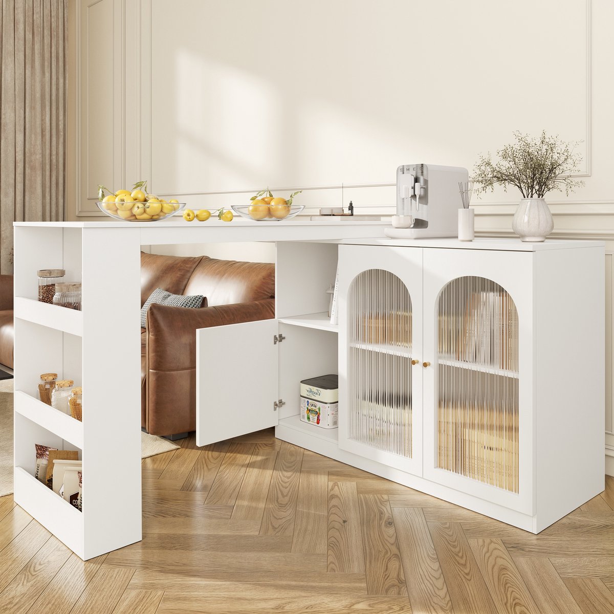 OKWISH Dressoir - 360 Graden Draaibare Bar- En Eetkast - 120x40x97 cm - 1 Glazen Deur En Open Vak - Modern Minimalistisch - MDF Wit