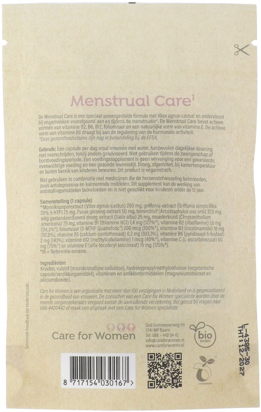 Achterkant papieren zak met ingrediënten en gebruiksaanwijzing. Care for Women, 30 vegetarische capsules. Bio-gebaseerd.