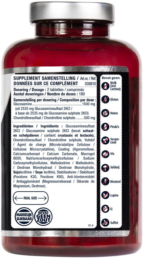 Rode pot met etiket, met o.a. "Samenstelling per dosering: Glucosamine 1500 mg", "Chondroïtine 500 mg".