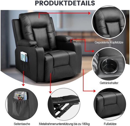 Zwarte relaxfauteuil met details: zachte hoofdsteun, bekerhouders, zijvak met tijdschriften en voetensteun.