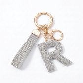 Porte-clés couleur argentée avec lettre R et pierres de strass – porte-clés initial pour dames et messieurs – anneau porte-clés métallique avec anneau rond et pendentif lettre décoratif