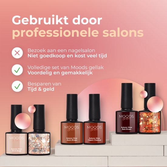 Vier flesjes Moods Gellac 'Autumn Glow' collectie: lichtbeige, goud glitter, bruin en oranje glitter.