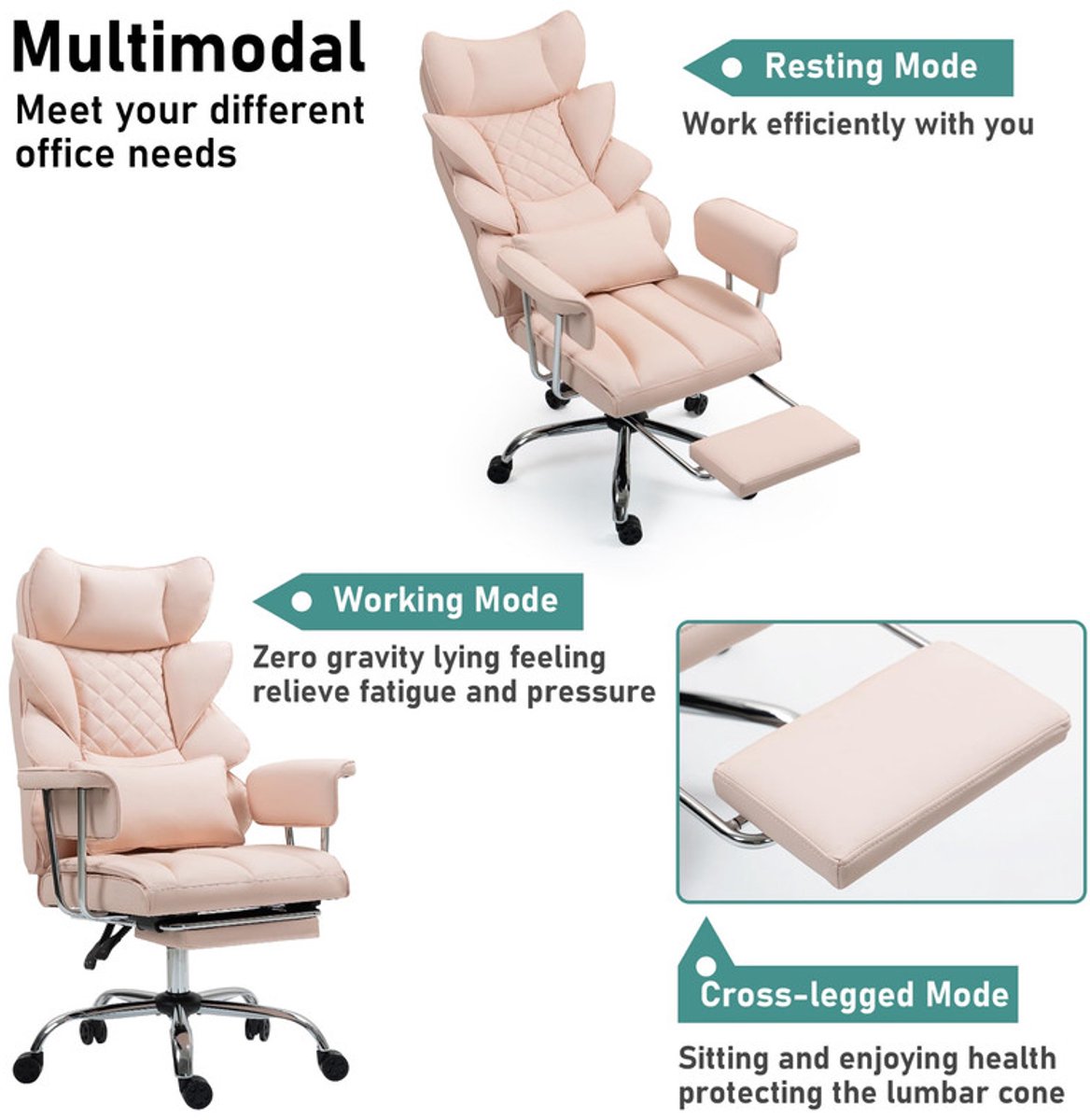 Comfortabele Ergonomische Bureaustoel met Voetensteun Roze - afbeelding 3