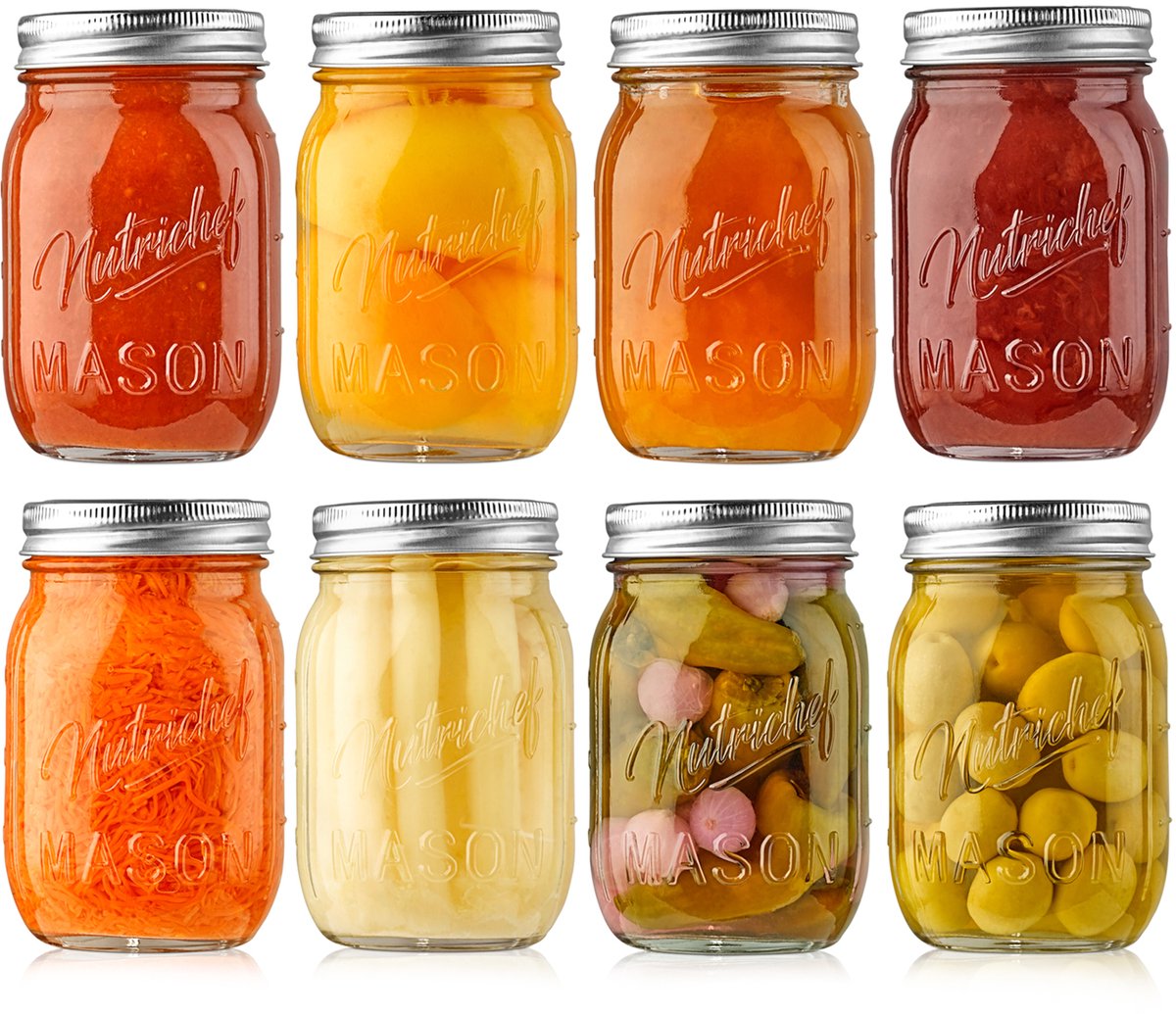 NutriChef Glazen Weckpotten – 8-delige set glazen potten met roestvrijstalen deksels – 473 ml