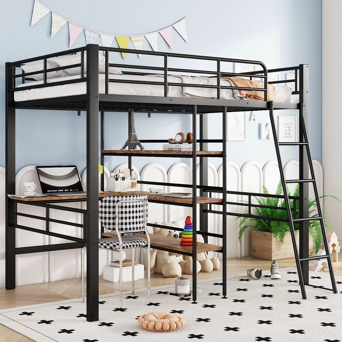 FloraGrace Hoogslaper 90x200cm – Met Bureau En Opbergplanken – Met Veiligheidshekje En Ladder – Zonder matras – Metalen Frame – Zwart