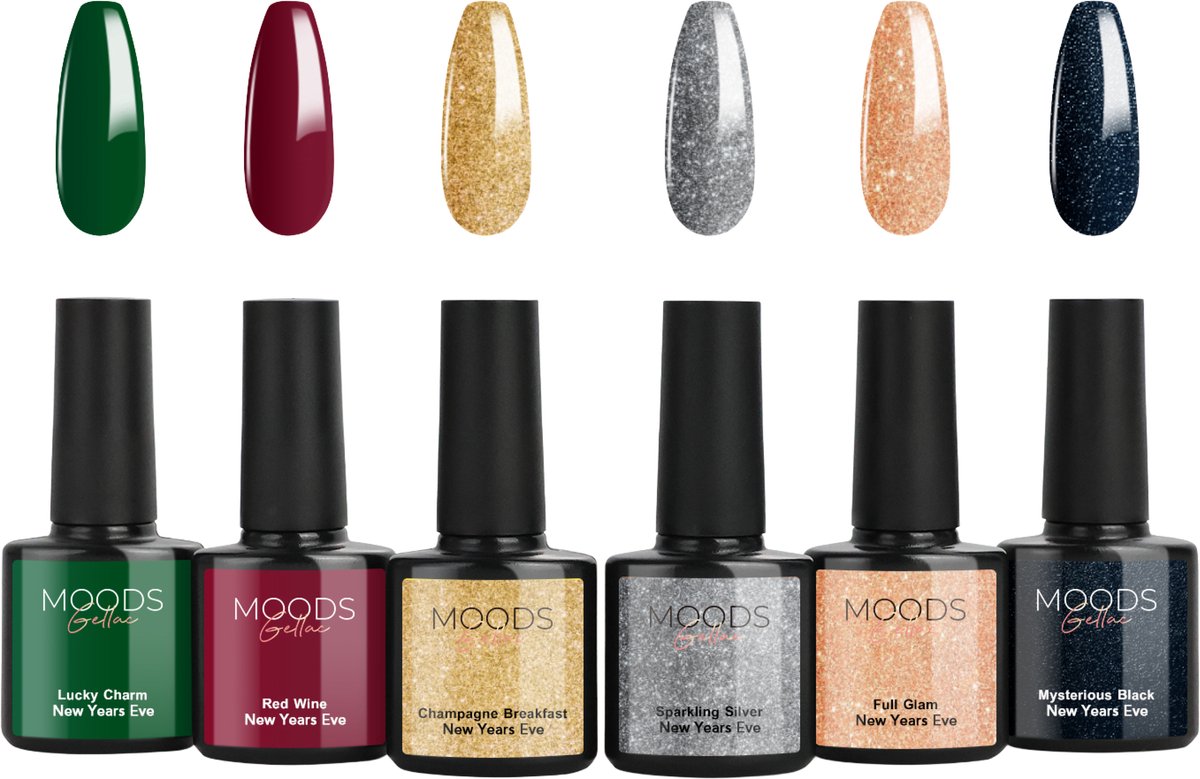 Moods Gellac 6-delige Set - Gel Nagellak - 8ML - New Year's Eve - Glitter Gellak - Nagels - Gellak Starterspakket - Glitter Kleuren - HEMA- & TPO-vrij